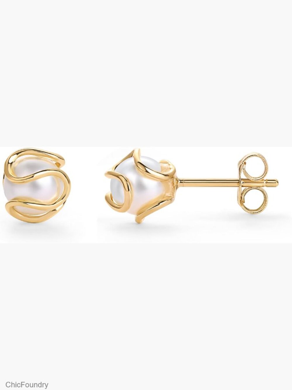 Gold Plated Round Caged Pearl Stud Earrings Freshwater Cultured Hypoallergenic - Picture 1 of 6